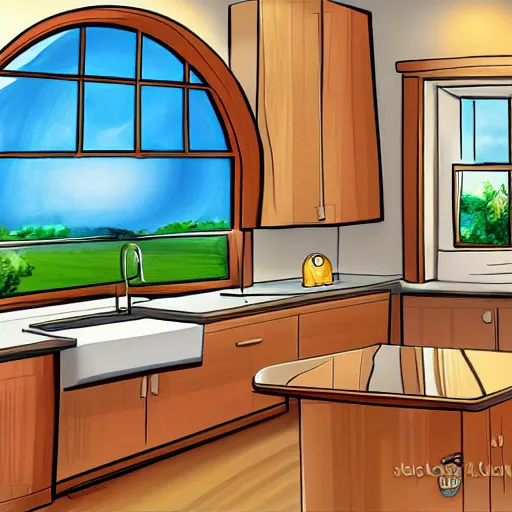 Prompt: kitchen, with cabinets in background, sunrise, large round window, digital art, cartoon