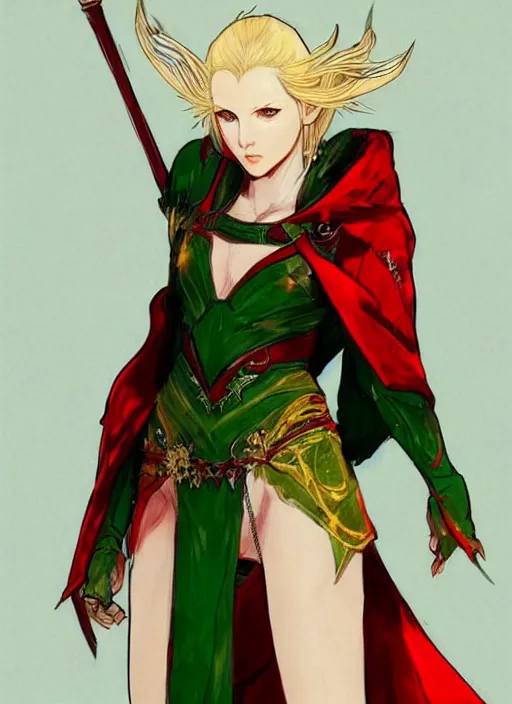 Image similar to Full body portrait of a beautiful young blonde short haired elven princess wearing red, green and gold priest robe. In style of Yoji Shinkawa and Hyung-tae Kim, trending on ArtStation, dark fantasy, great composition, concept art, highly detailed.