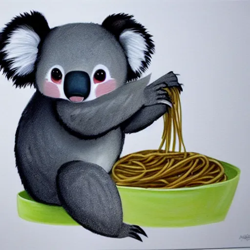 Image similar to a painting of a koala eating spaghetti in toon art style