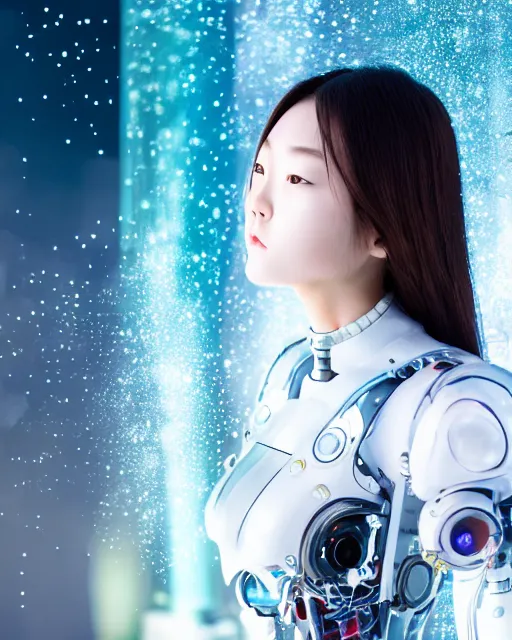 Image similar to beautiful centered photo portrait of korean girl as a solarpunk cyborg with white mechanical parts and implanted bright halogen lamps, treading on calm water, ultra - realistic and detailed, sun lit, white background, bokeh, soft focus, slow exposure hdr 8 k