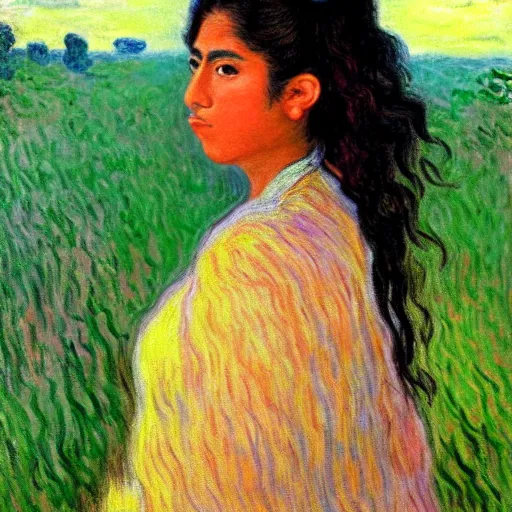 Image similar to beautiful tan mexican woman, landscape, prominent rosy cheek bones, black hair and brown eyes, monet and da vinchi art style,