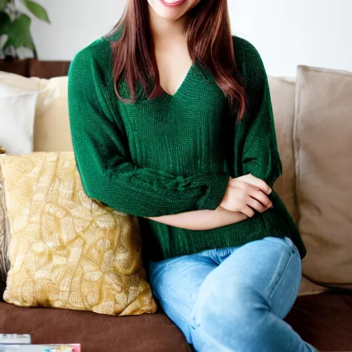 Image similar to Photo of a cute young woman smiling, long shiny bronze brown hair, full round face, emerald green eyes, medium skin tone, light cute freckles, smiling softly, wearing casual clothing, relaxing on a modern couch, interior lighting, cozy living room background, medium shot, mid-shot, soft focus, professional photography, Portra 400