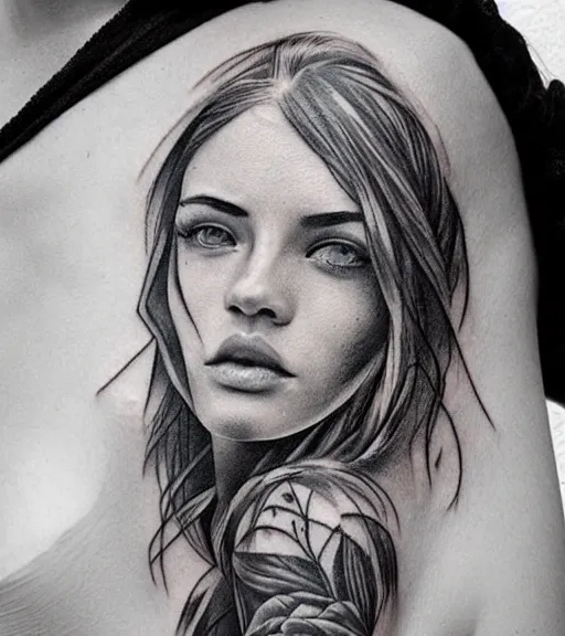 Image similar to tattoo design sketch of a beautiful woman face with a faded background of beautiful mountains and nature on the side, hyper - realistic, in the style of den yakovlev, amazing detail, black and white