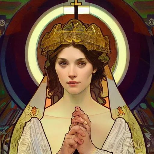 Image similar to a Portrait of A goddess in a church with a holy light emanating from her body by greg rutkowsk and alphonse mucha,In style of WLOP.digital art illustration.hyper detailed,smooth, sharp focus,trending on artstation,4k