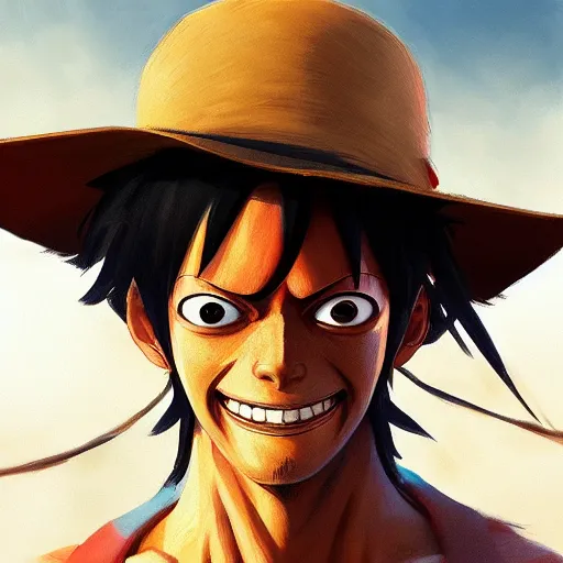 Image similar to closeup portrait of monkey d luffy, realistic portrait, dramatic lighting, trending on artstation, high detail, by greg rutkowski