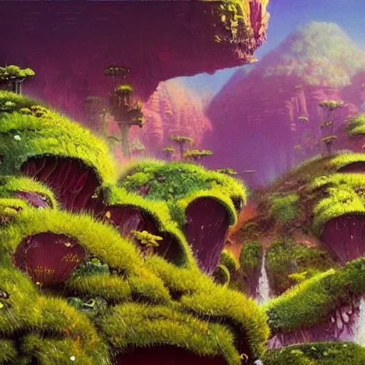 Prompt: detailed illustration of a lush natural scene on an alien planet by paul lehr. beautiful landscape. weird vegetation. cliffs and water.