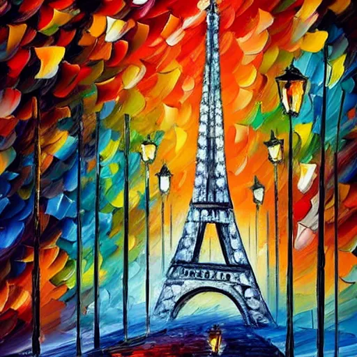 Image similar to knife - painting of a colorful and contrasted scenery, a cat walk on a roof in paris, the moon shine in the sky, the effeil tower is in the background, in the style of leonid afremov