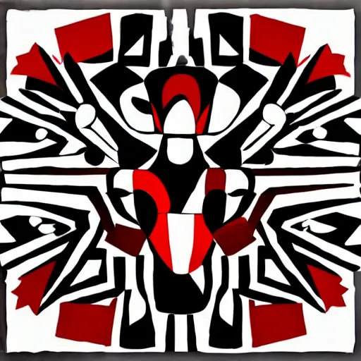 Prompt: broad strokes black and white and red color scheme geometric girl and raven , high quality art in the style of pacific northwest HAIDA art,