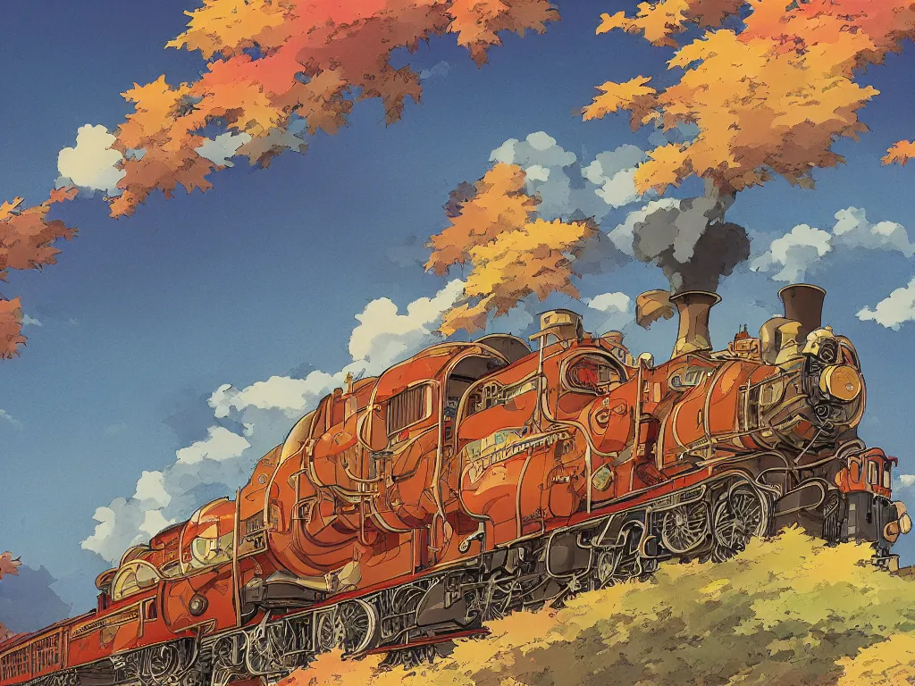 Image similar to cross - section close - up sideview of a steam anime train, autumn light, colorful, nausicaa of the valley of the wind, beautiful, by studio ghibli, digital art, concept art, manga, cute and adorable, illustration