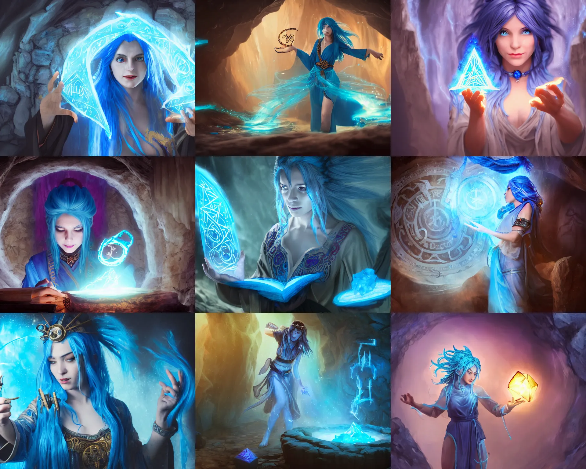 Prompt: blue haired female with flowing robes casting a magical spell, floating runes and sigils and crystals, a floating spellbook, in a cave, dnd, rpg, cosplay, fantasy, artstation, highly detailed, cinematic composition, dramatic lighting, trending, 8 k hd