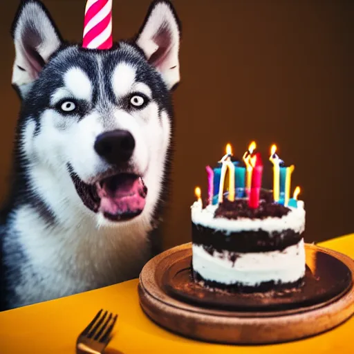 Image similar to a high - quality photo of a happy husky with a birthday cake, 4 5 mm, f 3. 5, sharpened, iso 2 0 0, raw, food photography