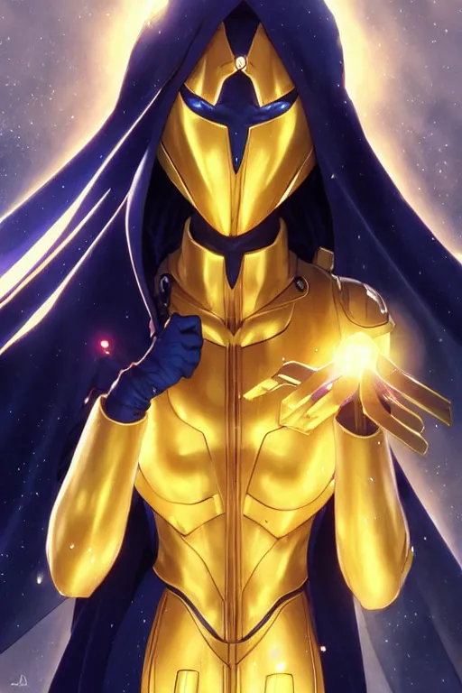 Image similar to anime key visual of a beautiful young female doctor fate!! intricate, cape, glowing, powers, dc comics, cinematic, stunning, highly detailed, digital painting, artstation, smooth, hard focus, illustration, art by artgerm and greg rutkowski and alphonse mucha