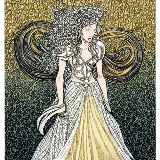 Prompt: woman wearing dress made of silver fish scales with long curly gold hair, art by Rebecca Guay, trending on artstation