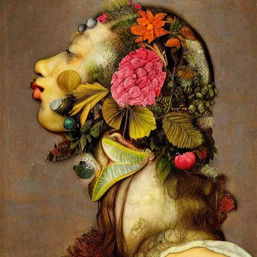 Image similar to a beautiful profile portrait of a beautiful female, leaves, by giuseppe arcimboldo,, psychedelic, surreal, dreamlike, environmental friendly, nature.