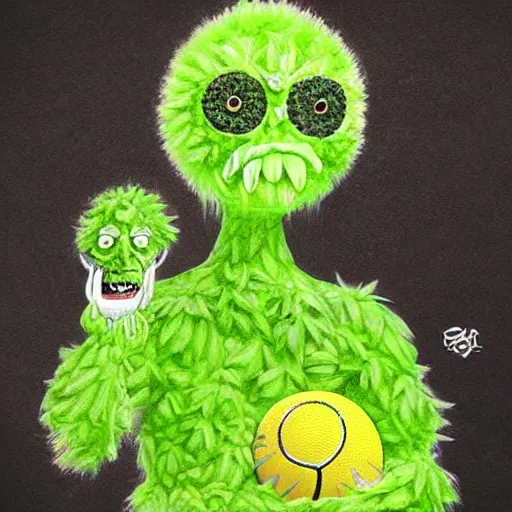 Image similar to a tennis ball monster, smoking weed, digital art, fantasy, magic, trending on artstation, ultra detailed, professional illustration by Basil Gogos