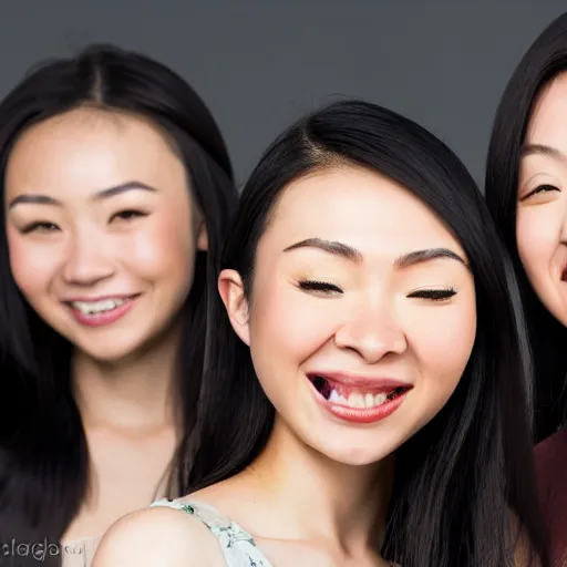 Image similar to close up studio shot of a group of beautiful young mixed Chinese Japanese women, long black hair, green eyes, laughing, photorealistic,8k, XF IQ4, 150MP, 50mm, F1.4, ISO 200, 1/160s, natural light