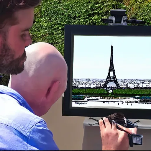 Image similar to a french guy drawing a picture of eiffle tower 8 k