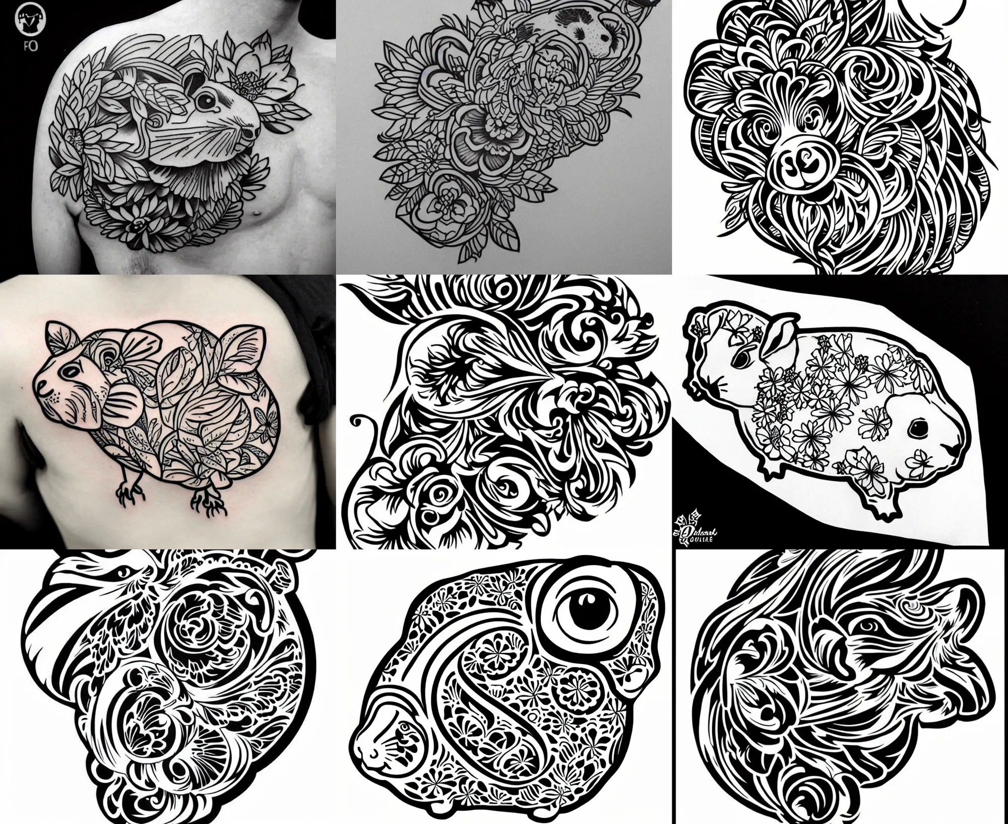 Image similar to detailed tattoo stencil bold lines, floral guinea pig