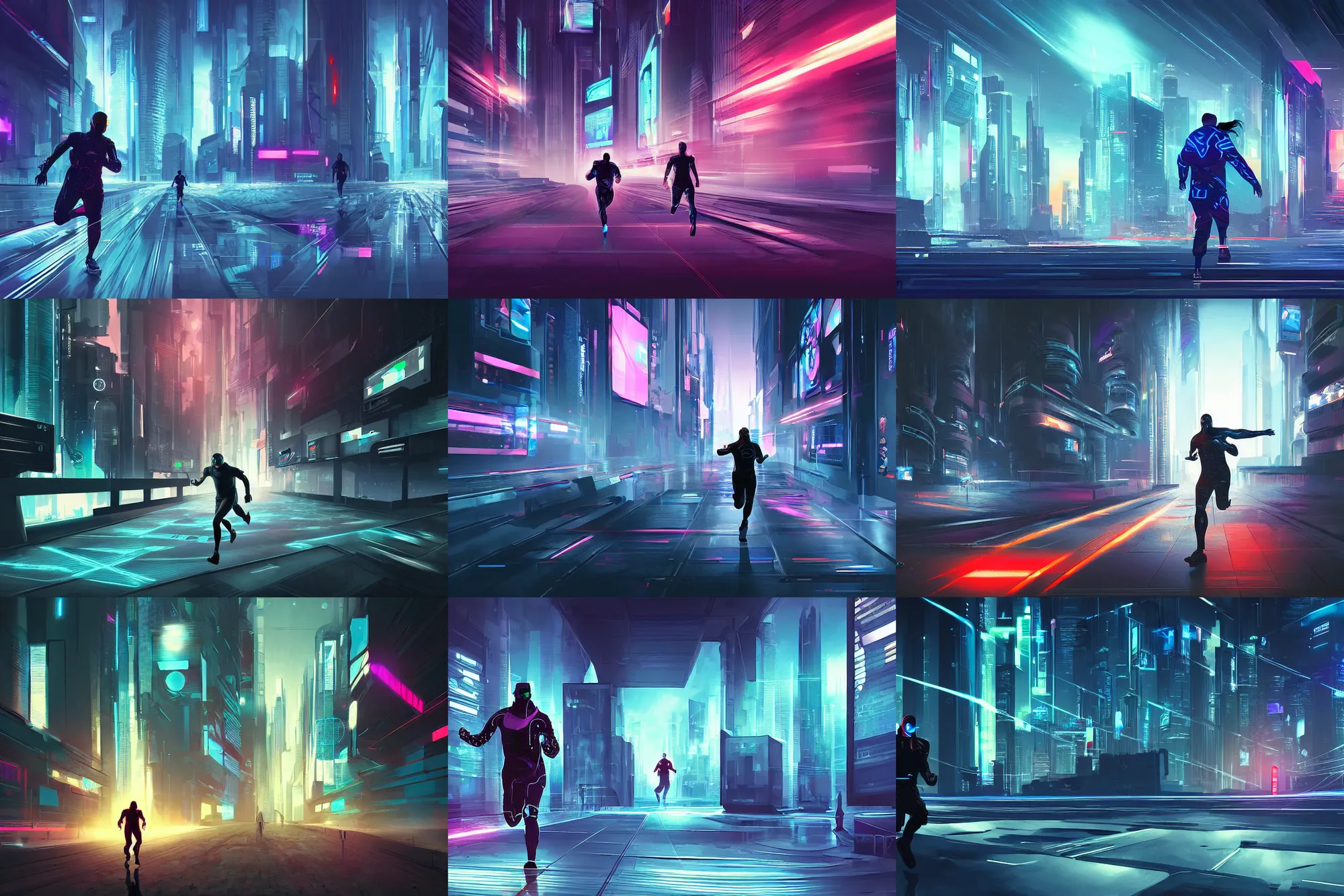 Prompt: Cyberpunk concept showing a man running along a futuristic path full of monitors, digital art style, illustration painting