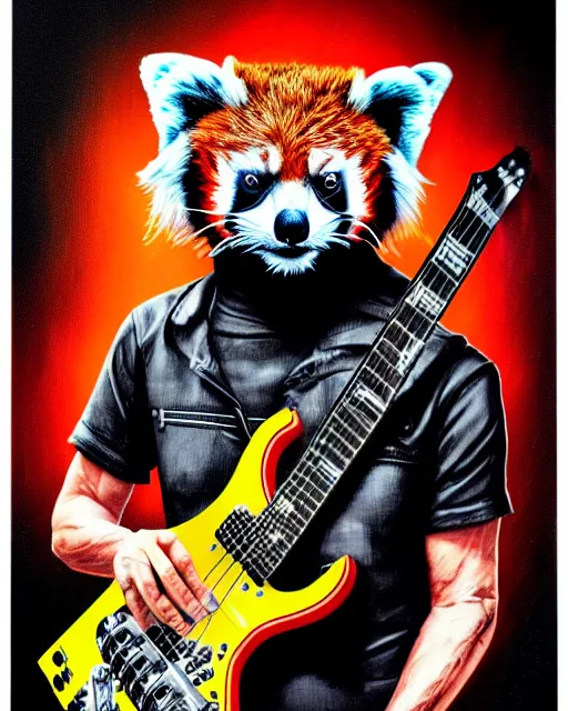 Image similar to a portrait of an anthropomorphic cyberpunk red panda shredding an electric guitar by sandra chevrier, by jon foster, detailed render, electric guitar, epic composition, cybernetics, 4 k realistic, cryengine, realistic shaded lighting, sharp focus, masterpiece, by enki bilal