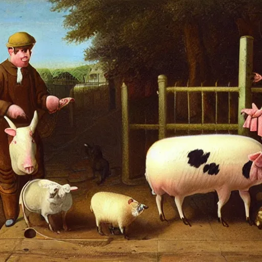 Prompt: butcher feeding a cat, while being watched by a pig, a sheep, a chicken and a cow