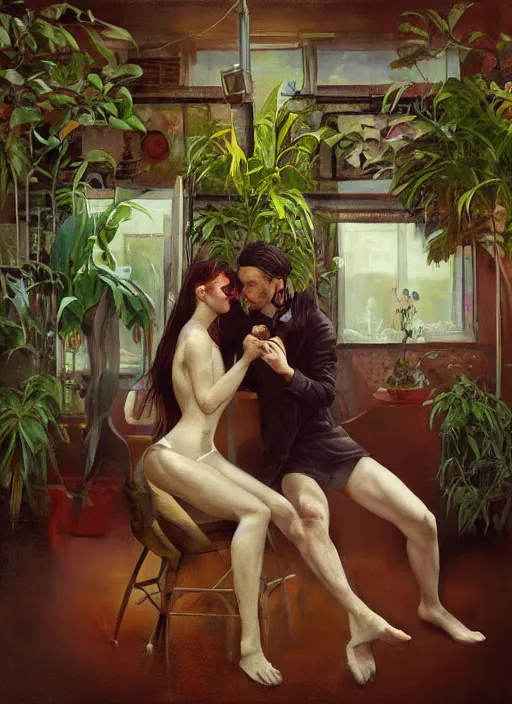 Prompt: an excited couple redefining love in a caffe surrounded by plants, expressionist painting by Francis Bacon and tom bagshaw, artstation