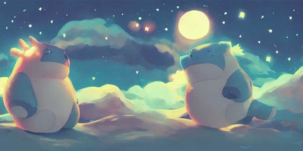 Image similar to giant glowing snorlax totoro, mountain landscape, night sky, digital art, digital painting, celestial, majestic, colorful