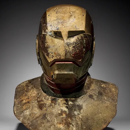 Image similar to an extremely ancient ironman bust that is tarnished and covered in sediment from uncovered earth expedition, rare photograph, smithsonian,