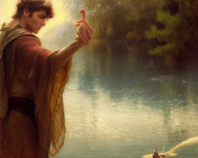 Image similar to attractive male wizard casting powerful tsunami wave spell in a beautiful lake. highly detailed painting by gaston bussiere, craig mullins, j. c. leyendecker 8 k