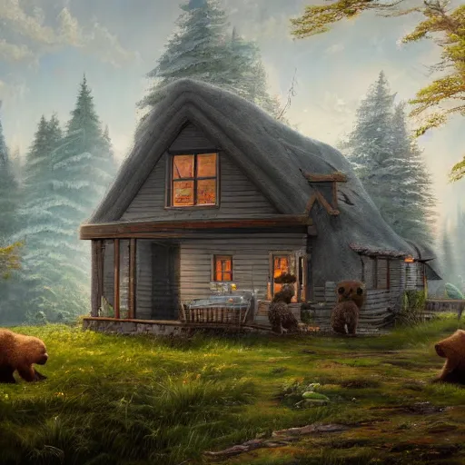 Image similar to cottage with three humanoid bear cubs in front, aesthetic, oil painting, pale colors, high detail, 8 k, wide angle, trending on artstation,