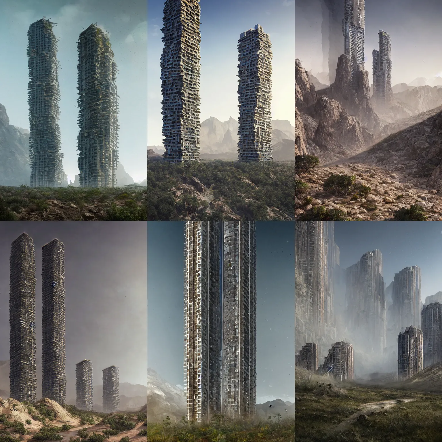 Prompt: tall eco apartment living towers, 6 levels for plants in a barren very rocky desert, rocky mountains in background, dust swirling, diffuse lighting, strong imagery, highly detailed, by Greg Rutkowski, illustration, highly detailed water colour 8k, cinematic lighting, HD, high detail, atmospheric, trending on artstation