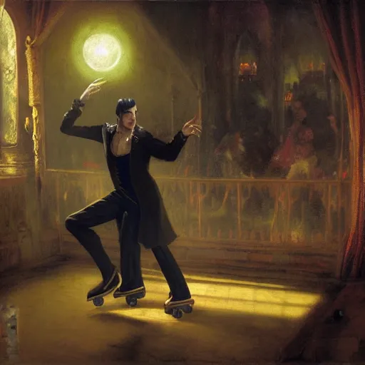 Image similar to attractive male dracula the vampire roller skating in a medieval style roller rink as a full moon shines through a window. highly detailed painting by gaston bussiere, craig mullins, j. c. leyendecker 8 k