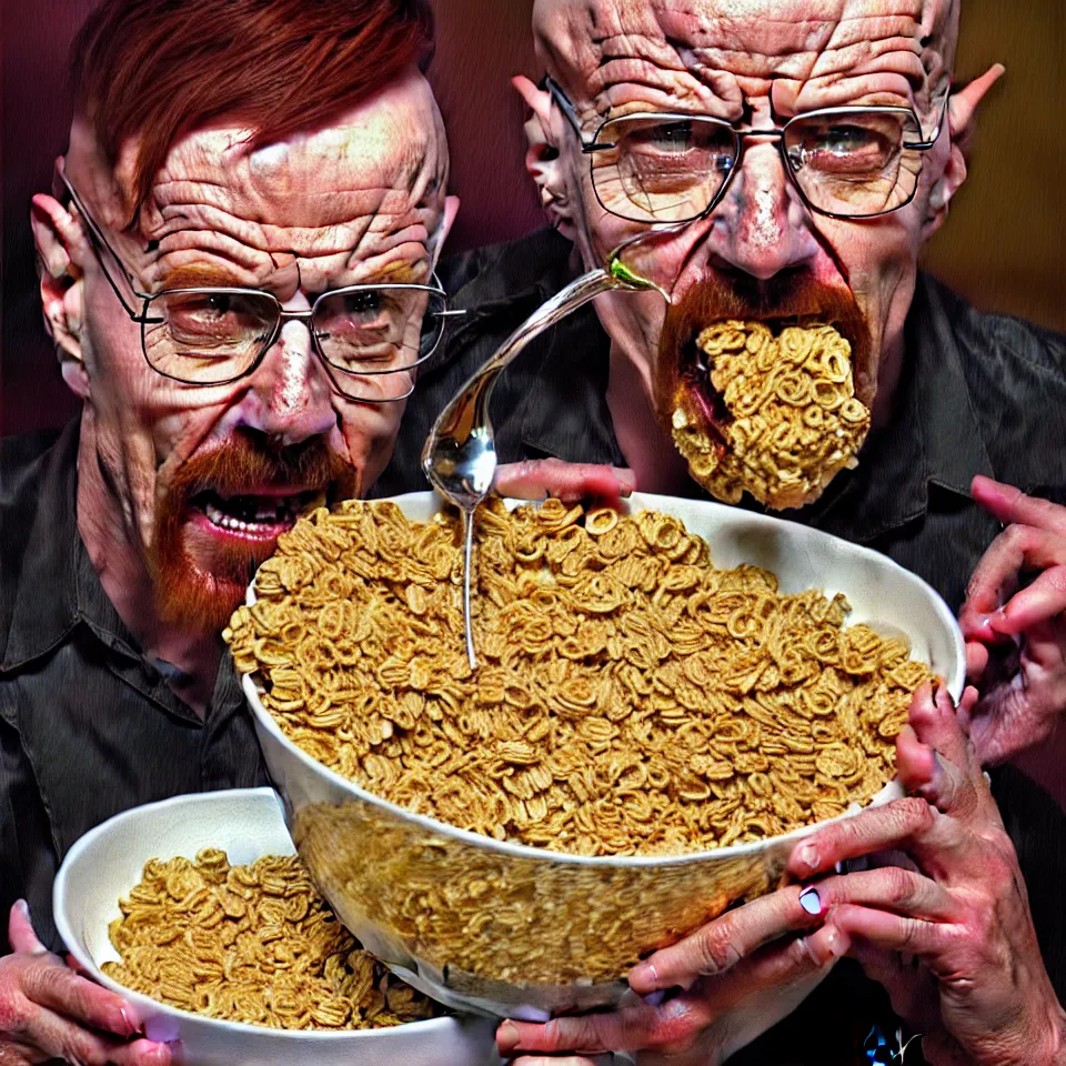 Image similar to weird and disturbing psychedelic walter white eating a bowl of cereal, laughing and puking milk, diffuse lighting, fantasy, intricate, elegant, highly detailed, lifelike, photorealistic, oil painting, illustration, concept art, smooth, sharp focus, art by francis bacon