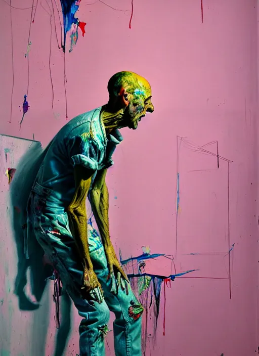 Image similar to an insane, skinny, artist wearing dirty, torn overalls, expressive painting the walls inside a grand messy studio, depth of field, hauntingly surreal, highly detailed painting by francis bacon, edward hopper, adrian ghenie, glenn brown, soft light 4 k in pink, green and blue colour palette, cinematic composition, masterpiece