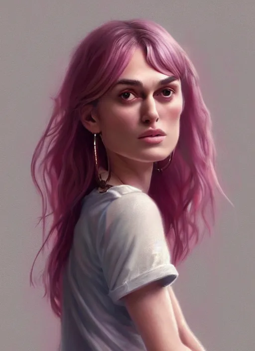 Prompt: full body portrait, teenage keira knightley, pink hair, sultry, realistic, hoop earrings, skirt, shirt, intricate, elegant, highly detailed, digital painting, artstation, concept art, smooth, sharp focus, illustration, art by wlop, mars ravelo and greg rutkowski