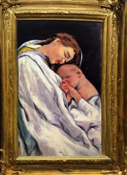 Prompt: vintage beautiful painting of the sleeping saint in a pear in Mary Cassatt style