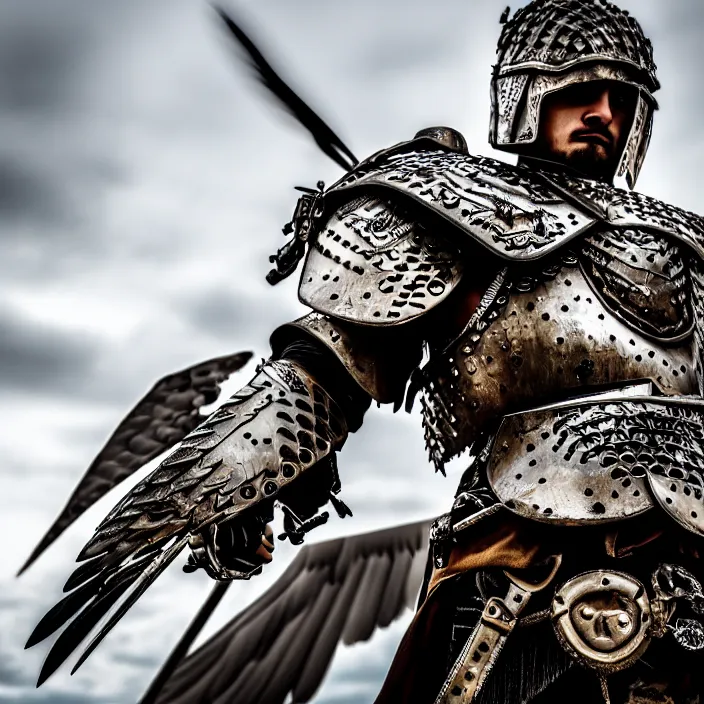 Image similar to photo of a warrior with metal eagle themed armour, highly detailed, 4 k, hdr, smooth, sharp focus, high resolution, award - winning photo