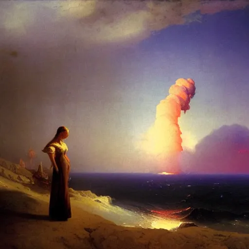 Image similar to beautiful young woman looking at giant nuclear explosion, artwork by Aivazovsky, Ivan