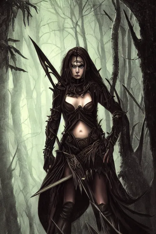 Prompt: dramatic dark forest scenery, girl with sharp fangs in hide leather armor, high fantasy concept art, poster