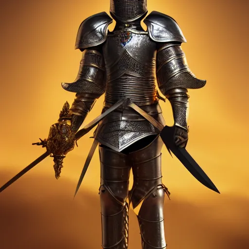 Prompt: a highly detailed knight in a T golden helmet and a golden crown with a blue diamond in the center of the crown, golden armor, leather clothes under the armor, leather gloves, holds a black sword, artstation, DeviantArt, professional, octane render, sunset lighting