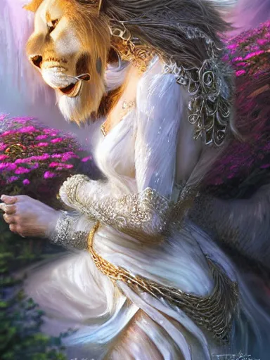 Prompt: a woman hugging a ferocious lion, wearing a cute white dress adorned with flowers. intricate, elegant, highly detailed, digital painting, artstation, concept art, sharp focus, illustration, by justin gerard and artgerm, 8 k