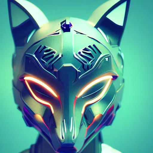 Image similar to cybertronic tribal mask, fox, japanese pottery, vivid colors, wood, metal, intricate details, trending on cgsociety, concept art, glowing eyes, sharp focus, ultra realistic details, cinematic atmosphere, global illumination, shadows