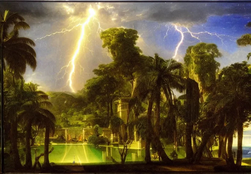 Image similar to Palace of the chalice, refracted sparkles, thunderstorm, greek pool, beach and Tropical vegetation on the background major arcana sky, by paul delaroche, hyperrealistic 4k uhd, award-winning, very very very detailed