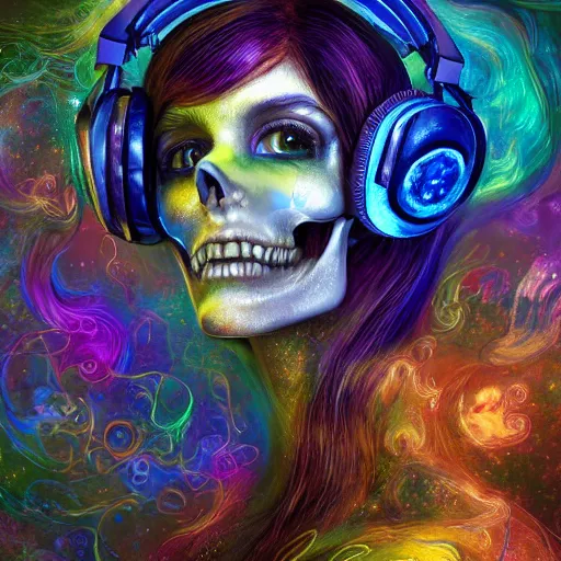 Image similar to portrait of a fantasycore glitchcore deformed skull wearing headphones. intricate abstract. intricate artwork. celestial. prismatic, by josephine wall, pixar, ghibli. octane render, CGSociety very coherent symmetrical artwork. cinematic, hyper realism, high detail, octane render, 8k, holographic accents