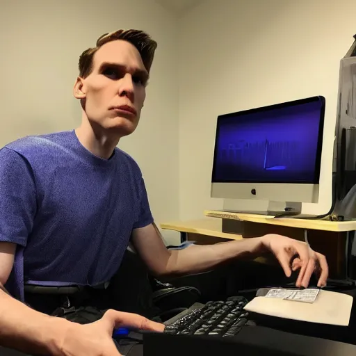 Prompt: Twitch streamer Jerma sitting at his desk, staring directly into the camera, dutch angle, well lit, low angle shot,