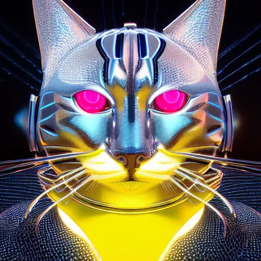 Image similar to chrome cat, glossy, metallic, neon, symmetrical, tribal patterns, realistic, unreal engine, octane, redshift, artstation, behance