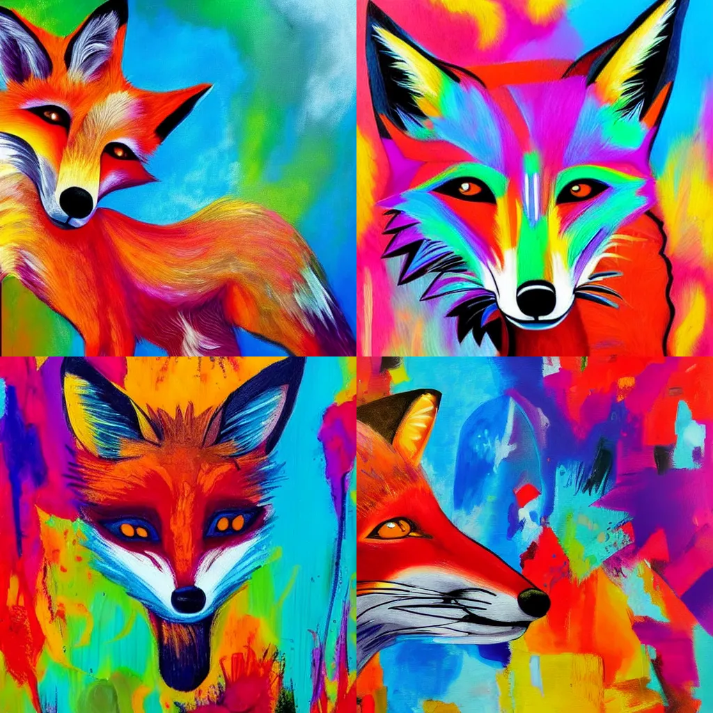 Prompt: A colorful abstract painting of a fox, bold and bright colors, chaotic and energetic composition