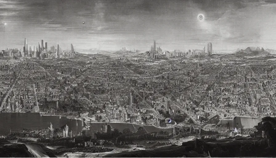 Image similar to planetary city of san francisco by ansel adams and bernardo bellotto