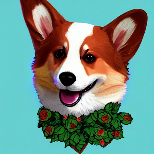 Prompt: A corgi with a crown made out of roses, artstation, highly detailed, digital art