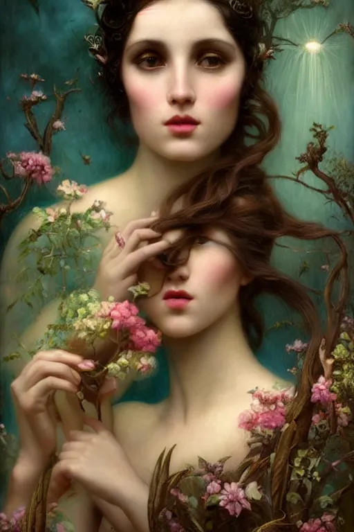 Image similar to An extremely beautiful young woman explaining the birds and the bees by Tom Bagshaw in the style of a modern Gaston Bussière, art nouveau, art deco, surrealism. Extremely lush detail. Melancholic scene. Perfect composition and lighting. Profoundly surreal. High-contrast lush surrealistic photorealism. Sultry and mischievous expression on her face.